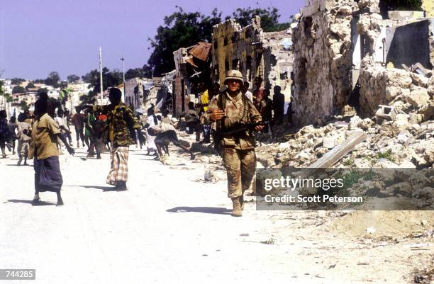 Marines from Kilo Company patrol along Mogadishu's Green Line January 10, 1993 in Mogadishu, Somalia. The Green line divides rival clan factions who...