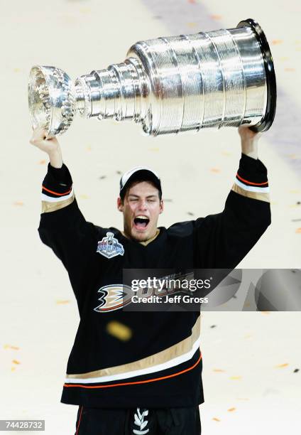 Ryan Getzlaf of the Anaheim Ducks celebrates lifting the Stanley Cup after defeating the Ottawa Senators in Game Five of the 2007 Stanley Cup finals...