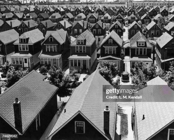 An aerial view of a suburban housing development in Rego Park, Queens, New York, circa 1935.