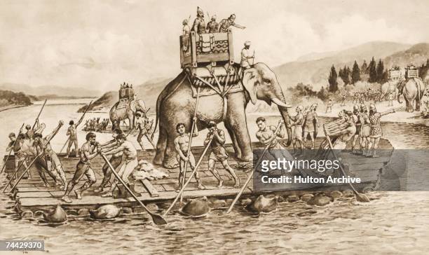 Hannibal and the Carthaginian army ferry their elephants across the River Rhone en route to Italy, during the Second Punic War between Rome and...