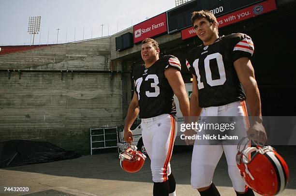 Quarterback, Brady Quinn of the Cleveland Browns walks to the field with team mate, offensive tackle, Joe Thomas at the 2007 NFL Players Rookie...