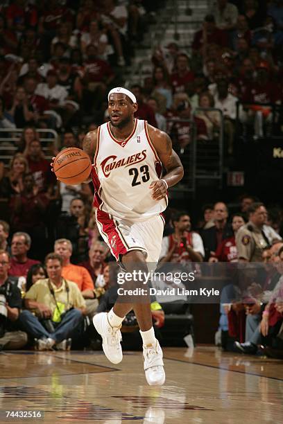 LeBron James of the Cleveland Cavaliers moves the ball up court in Game Six of the Eastern Conference Finals against the Detroit Pistons during the...