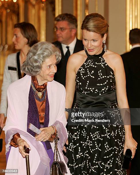 Queen Fabiola and Princess Mathilde of the Belgian Royal family arrive at the European Festivals Association Concert at the Royal Palace, on June 7,...