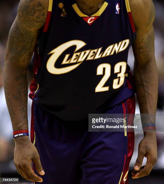 Detail shot of the tattoos of LeBron James of the Cleveland Cavaliers in the first half againsts the San Antonio Spurs in Game One of the 2007 NBA...