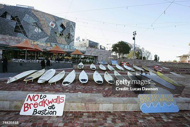 Surfrider Foundation Australia members surfboards are pictured before the Surfrider Foundation Australia march from Federation Square to Parliament...