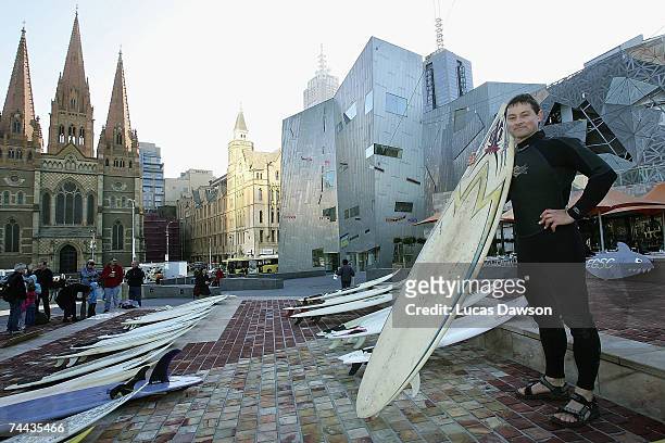 James Thyer poses before the Surfrider Foundation Australia march from Federation Square to Parliament House June 8, 2007 in Melbourne, Australia....