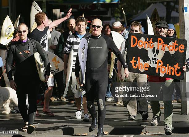 Protesters march during the Surfrider Foundation Australia march from Federation Square to Parliament House June 8, 2007 in Melbourne, Australia. The...