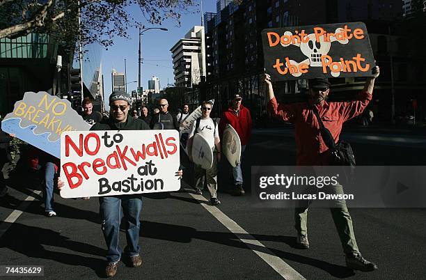 Protesters march during the Surfrider Foundation Australia march from Federation Square to Parliament House June 8, 2007 in Melbourne, Australia. The...