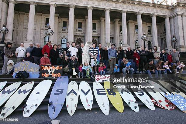 Protesters gather at Parliament House during the Surfrider Foundation Australia march from Federation Square to Parliament House June 8, 2007 in...