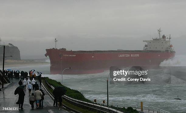 Coal ship the Pasha Bulker sits off Nobbys Beach June 8, 2007 in Newcastle, Australia. The 225-metre long coal ship with 21 crew on board and...