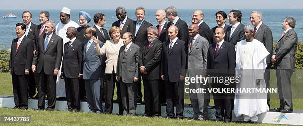 Heads of State, representatives of the top five developing nations and leaders of African countries pose for a family picture 08 June 2007 at the G8...