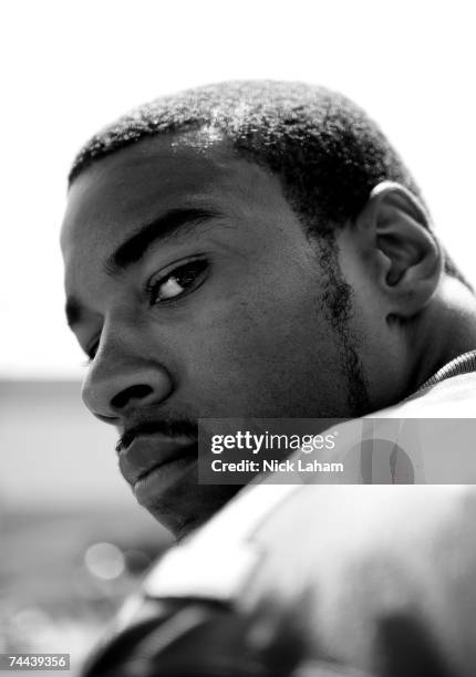 Wide Receiver, Calvin Johnson of the Detroit Lions poses for a portrait at the 2007 NFL Players Rookie Premiere on May 19, 2007 at the Los Angeles...