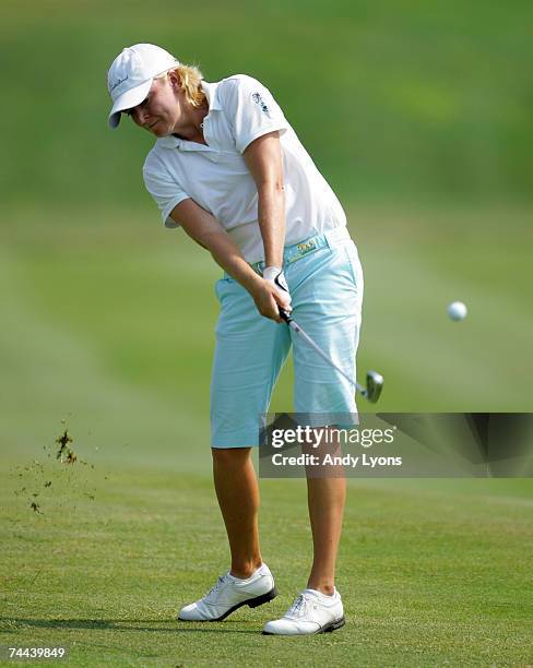 Mhairi McKay of Scotland hits her second shot on the par 4 18th hole during the second round of the McDonalds LPGA Championship on June 8, 2007 at...