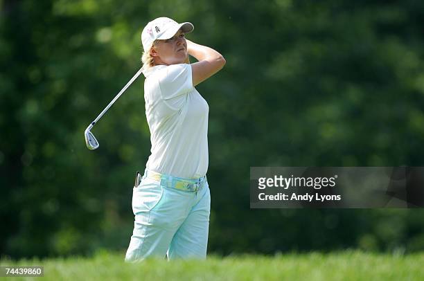 Mhairi McKay of Scotland hits her tee shot on the par 3 17th hole during the second round of the McDonalds LPGA Championship on June 8, 2007 at Bulle...