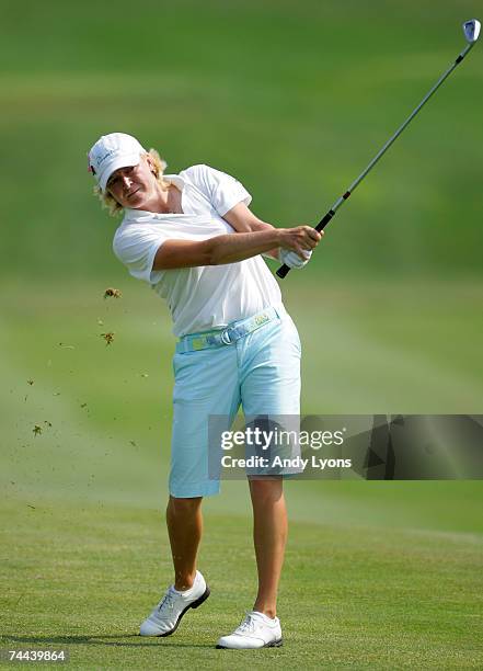 Mhairi McKay of Scotland hits her second shot on the par 4 18th hole during the second round of the McDonalds LPGA Championship on June 8, 2007 at...