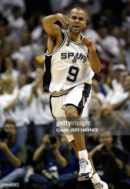 San Antonio, UNITED STATES: Frenchman Tony Parker of the San Antonio Spurs celebrates after making a basket against the Cleveland Cavaliers 07 June...