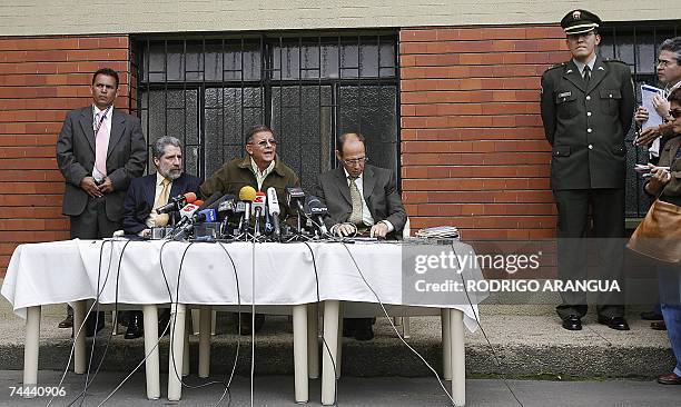 Revolutionary Armed Forces of Colombia rebel Rodrigo Granda speaks during a press conference accompanied by his lawyers at the Roman Catholic...