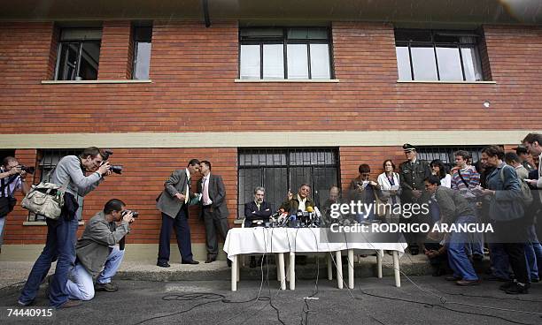 Revolutionary Armed Forces of Colombia rebel Rodrigo Granda speaks during a press conference accompanied by his lawyers at the Roman Catholic...