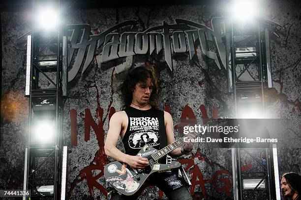 Sam Totman of Dragonforce performs on the main stage during day one of the Download Festival at Donington Park on June 8, 2007 in Donington, England.