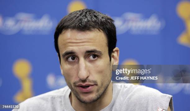 San Antonio, UNITED STATES: San Antonio Spurs guard Manu Ginobili of Argentina talks to reporters 08 June, 2007 after game one of the NBA Finals...