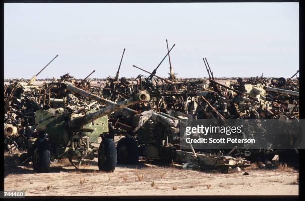 Abandoned Iraqi military equipment sits rusting in the desert December 20, 1996 in Kuwait. As part of the Defense Cooperation Agreement signed by the...