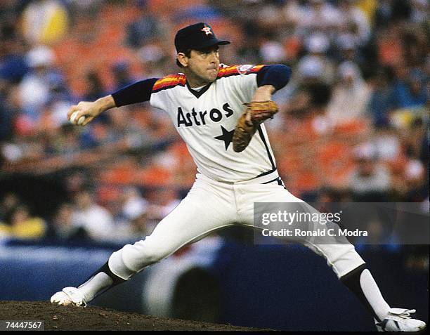 Nolan Ryan of the Houston Astros pitching to the New York Mets during the League Championship Series at Shea Stadium in October 1986.