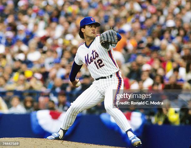 Ron Darling of the New York Mets pitching to the Houston Astros during the League Championship Series at Shea Stadium in October 1986.