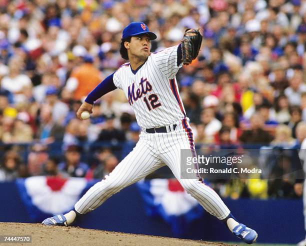 Ron Darling of the New York Mets pitching to the Houston Astros during the League Championship Series at Shea Stadium in October 1986.