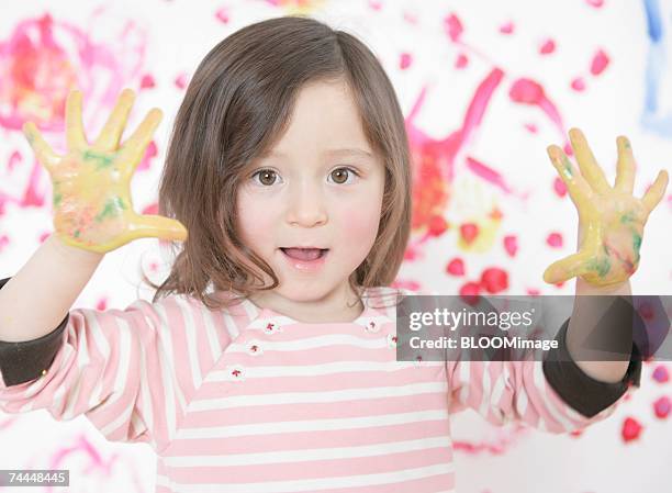 canadian girl showing colored hand - 4 girls finger painting bildbanksfoton och bilder