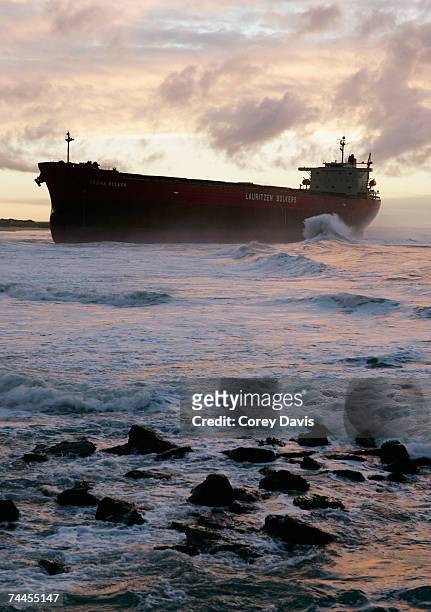 Clearing skies and calmer seas greet the coal ship the Pasha Bulker as it sits off Nobbys Beach June 9, 2007 in Newcastle, Australia. The 225-metre...