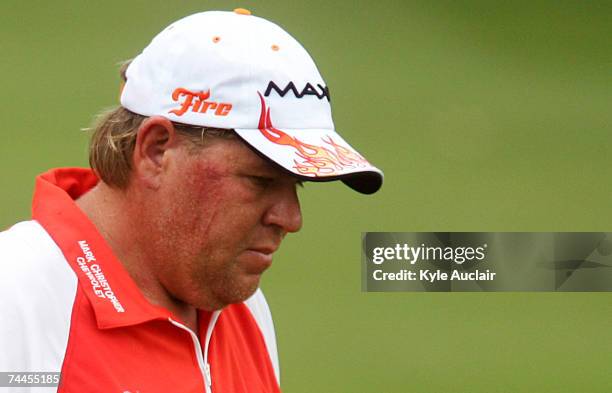 John Daly waits to hit his tee shot on the 10th hole during the second round of the Stanford St. Jude Championship at the TPC Southwind on June 8,...