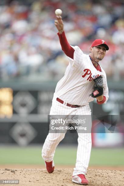 Freddy Garcia of the Philadelphia Phillies pitches during the game against the San Francisco Giants at Citizens Bank Park in Philadelphia,...