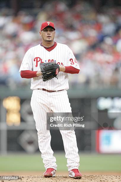 Freddy Garcia of the Philadelphia Phillies pitches during the game against the San Francisco Giants at Citizens Bank Park in Philadelphia,...