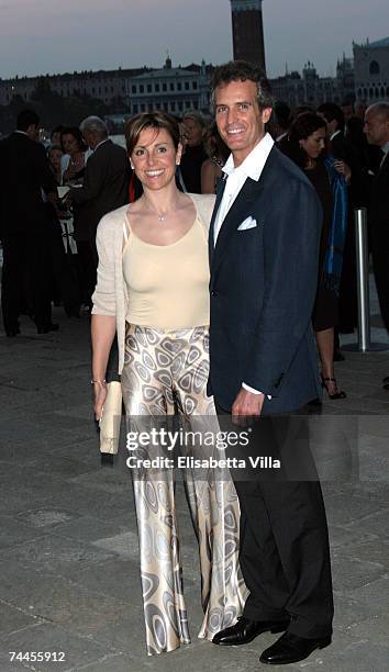 Roberta Compagnoni and her husband Alessandro Benetton arrive at Pinault's private dinner at the Fondazione Cini during the 52nd annual Biennale June...