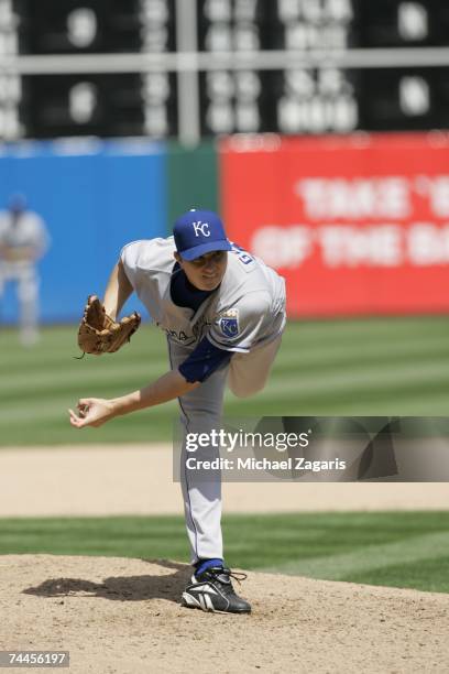 Jimmy Gobble of the Kansas City Royals pitches during the game against the Oakland Athletics at the McAfee Coliseum in Oakland, California on May 17,...