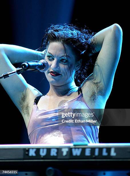 Singer/pianist Amanda Palmer from the band The Dresden Dolls performs during the kickoff of the first annual True Colors Tour at the MGM Grand Garden...