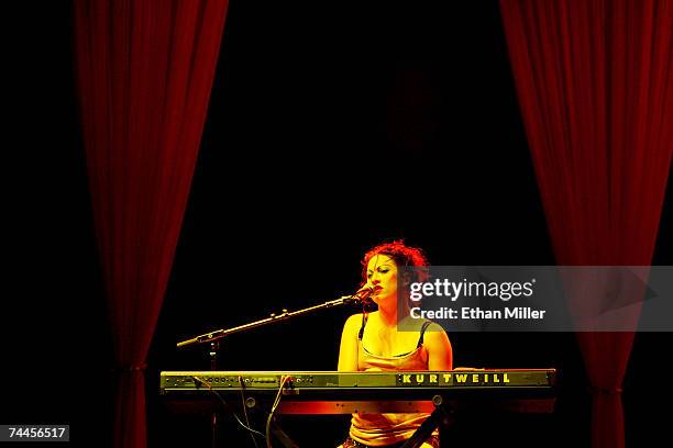 Singer/pianist Amanda Palmer from the band The Dresden Dolls performs during the kickoff of the first annual True Colors Tour at the MGM Grand Garden...