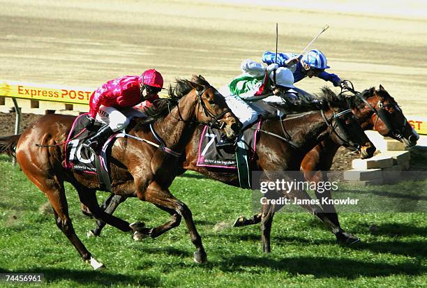 Blitz'em Riley ridden by Stephen Baster wins race 4 the A.R. Creswick Stakes during the David Bourke Provincial Plate Day at Moonee Valley June 9,...