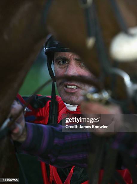 Darren Gauci looks on after riding Hillston Exchange to victory in race 6 the David Provincial Plate at Moonee Valley June 9, 2007 in Melbourne,...