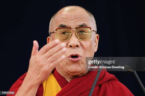 The Dalai Lama talks during a free public talk about Universal Responsibility at MC Labour Park June 9, 2007 in Melbourne, Australia. The Dalai Lama,...
