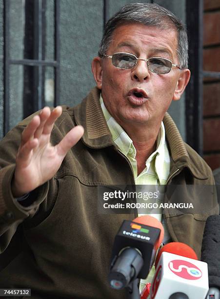 Revolutionary Armed Forces of Colombia rebel Rodrigo Granda speaks during a press conference at the Roman Catholic archbishop's offices, in Bogota,...