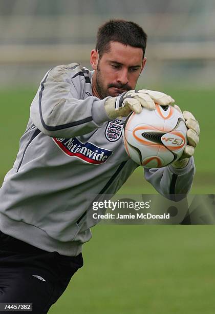 Scott Carson of England warms up during an England U21 training session at the Sportpark Ressen, on June 9, 2007 in Bemmel, Netherlands.