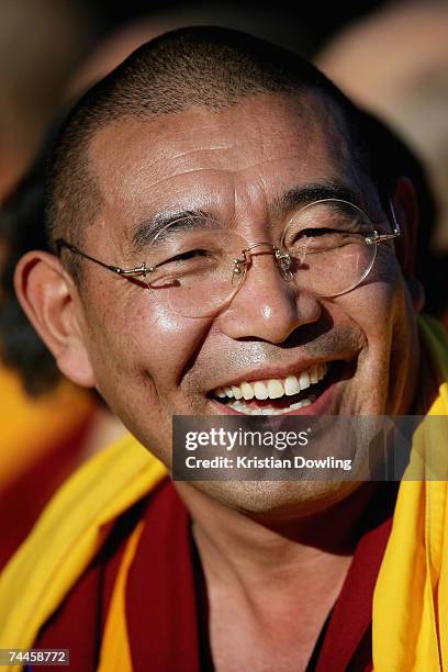 Tibetan Buddhist Master Geshe Sonam Thargye looks on during the Dalai Lama's free public talk about Universal Responsibility at MC Labour Park June...