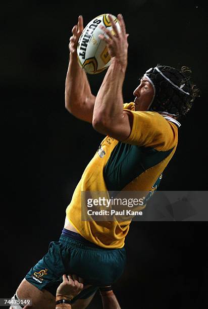 Dan Vickerman of Australia wins a line out during the Test match between the Australian Wallabies and Fiji at Subiaco Oval June 9, 2007 in Perth,...