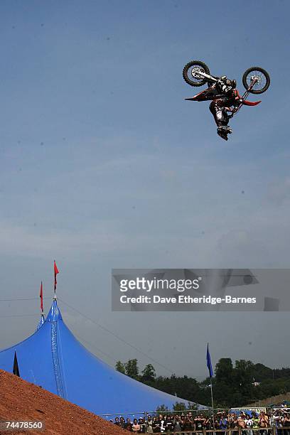 Rider for the Red Bull X-Fighters performs Freestyle Motocross during day two of the Download Festival at Donington Park June 9, 2007 in Castle...
