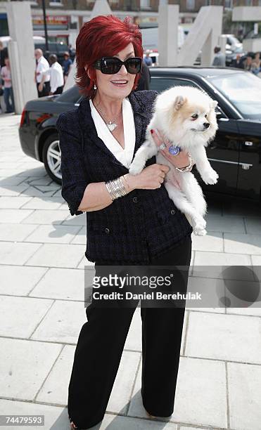 Sharon Osbourne arrives holding her dog during the first day of auditions for X Factor, Series 4 at Arsenal Emirates Stadium on June 9, 2007 in...