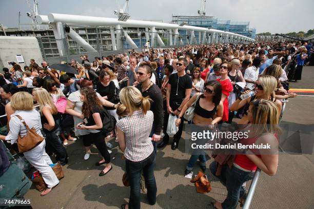 Factor contestants queue to participate during the first day of auditions for series 4 X Factor at Arsenal Emirates Stadium on June 9, 2007 in...