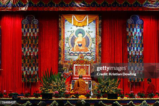 The Dalai Lama prays before his Teaching session 3 ? Blessing: Manjushri Empowerment at Rod Laver Arena June 10, 2007 in Melbourne, Australia. The...