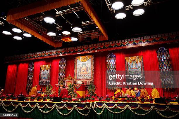 The Dalai Lama prays before his Teaching session 3 ? Blessing: Manjushri Empowerment at Rod Laver Arena June 10, 2007 in Melbourne, Australia. The...