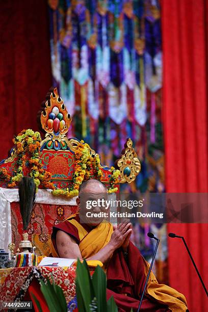The Dalai Lama talks during his Teaching session 3 ? Blessing: Manjushri Empowerment at Rod Laver Arena June 10, 2007 in Melbourne, Australia. The...